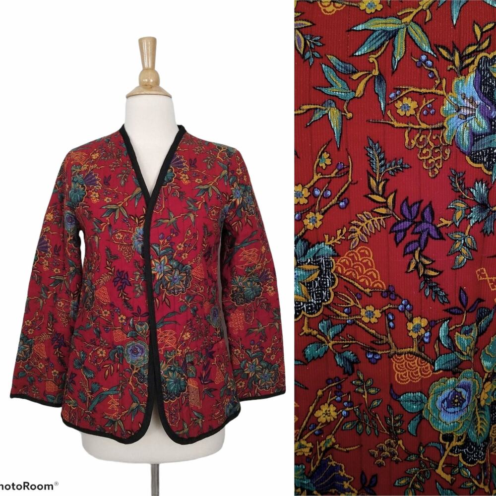 Vintage 70s AJ Bari Quilted Corduroy Chinoiserie Tangzhuang Asian Floral Blazer